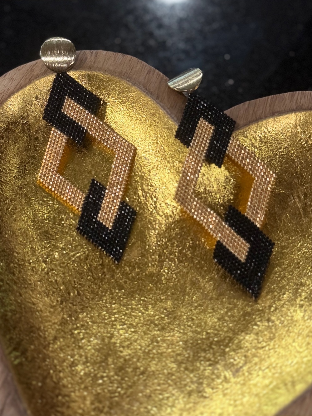 Handmade Art Deco Black Gold Seed Bead Statement Earring - Picture 5 of 5